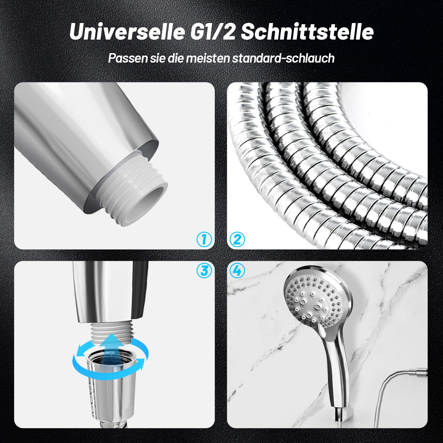 VEHHE Duschkopf mit Schlauch 1,5m, Chrome 5 Strahlarten Duschbrause, Hochdruck Dusche Sparduschkopf, Wassersparend Handbrause für Erwachsene Kinder Hausetiere 5