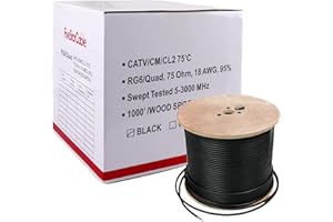 FIVESTARCABLE Five Star RG6 Quad Shield Coaxial Cable, 18AWG, 75 Ohm, 1000 ft Spool, ETL Listed, Black - Double Braid Shield, CCS Conductor, PVC Jacket for Broadcast, Satellite, and Cellular Applications