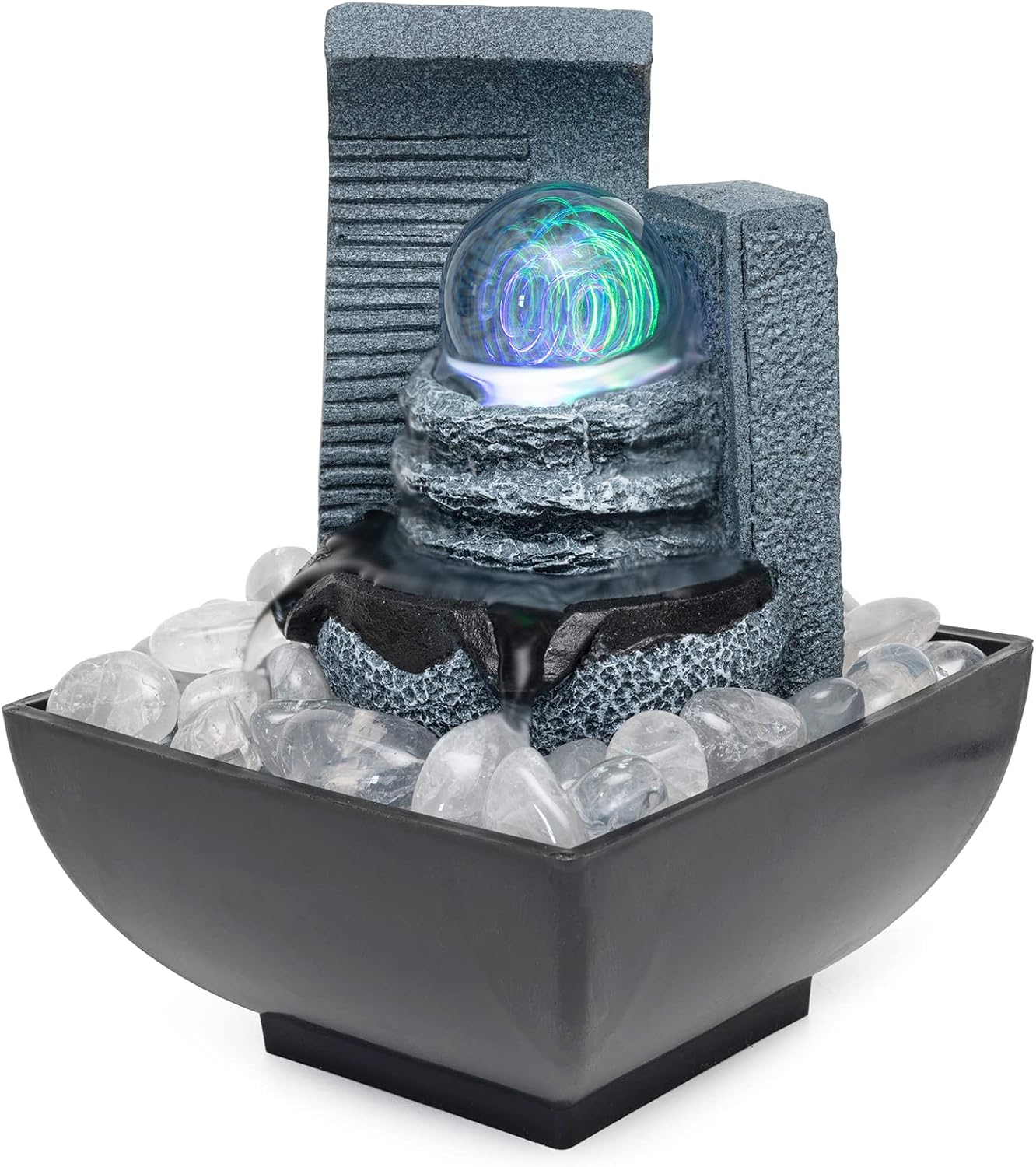 Indoor Fountains & Accessories - Tabletop Fountain, Indoor Desktop Waterfall, Zen Meditation Relaxation Soothing Feng Shui Fountain with Colorful LED Lights & Clear Quartz Set for Home Office Bedroom Decor