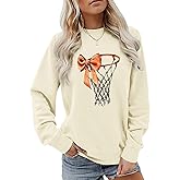 QISSYILY Basketball Crewneck Sweatshirt for Women Game Day Sweatshirts Bow Graphic Long Sleeve Pullover Gameday Themed Gifts