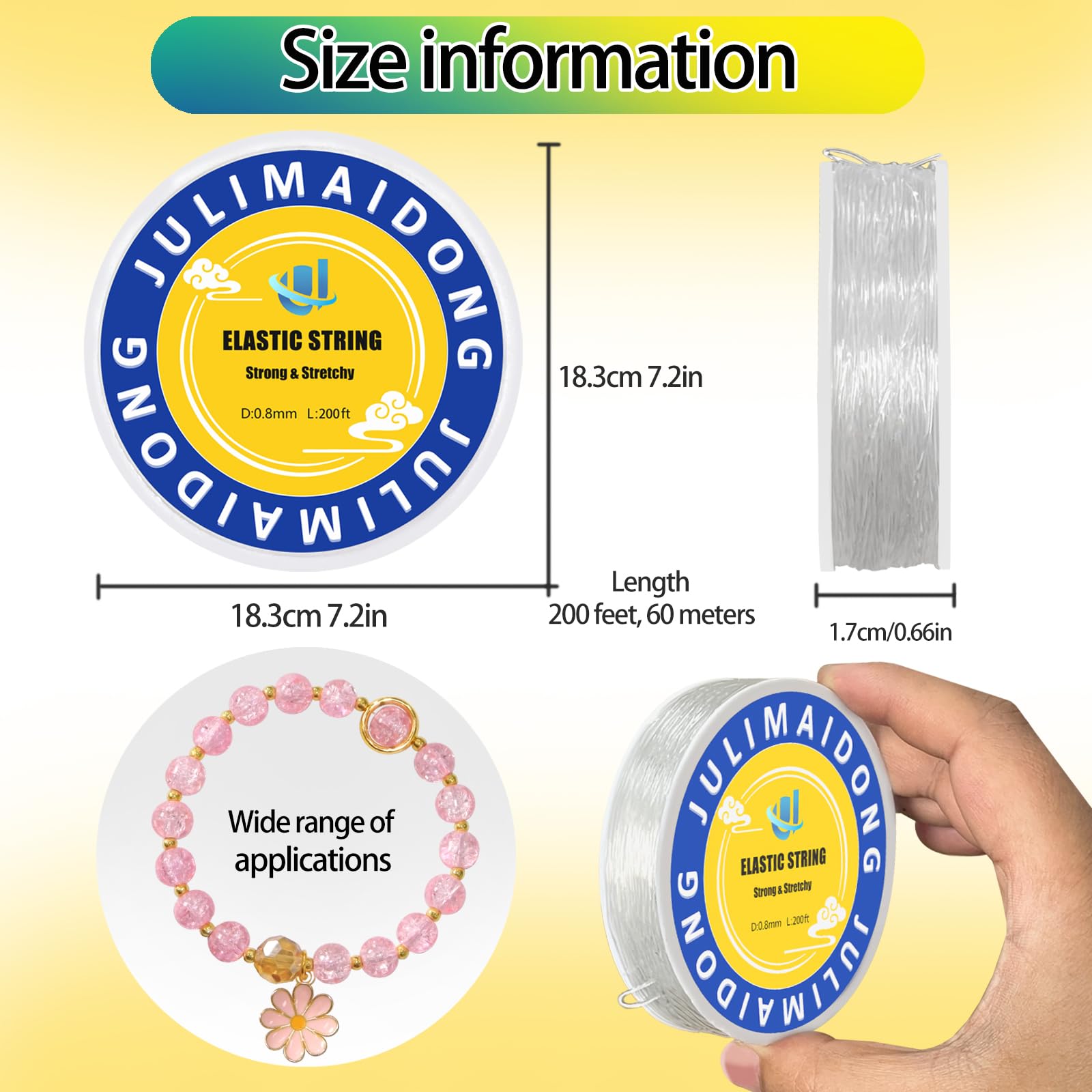 0.8mm Elastic Bracelet String Cord, Crystal Stretch Bead Cord for Bracelets Jewelry Making, Clear Stretchy Elastic String for Beading, Transparent Thread (0.8MM/200ft)
