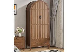 Lxsxlome Wardrobe Closet, Modern Armoire Wardrobe Closet with Drawers and 2 Arched Fluted Doors, 70.87‘’ Tall Wooden Bedroom Armoires with Shelves and Hanging Rod (1, Walnut,19.7''D)