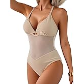Aidonger Women's Mesh One Piece Swimsuit Tummy Control Slimming Bathing Suit V Neck Cutout Shiny Swimwear