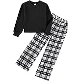 Luckrizyy Girls 2 Piece Outfit Kids Long Sleeve Cable Knit Top & Stylish Plaid Pants Set Fall Winter Clothing 6-14 Years