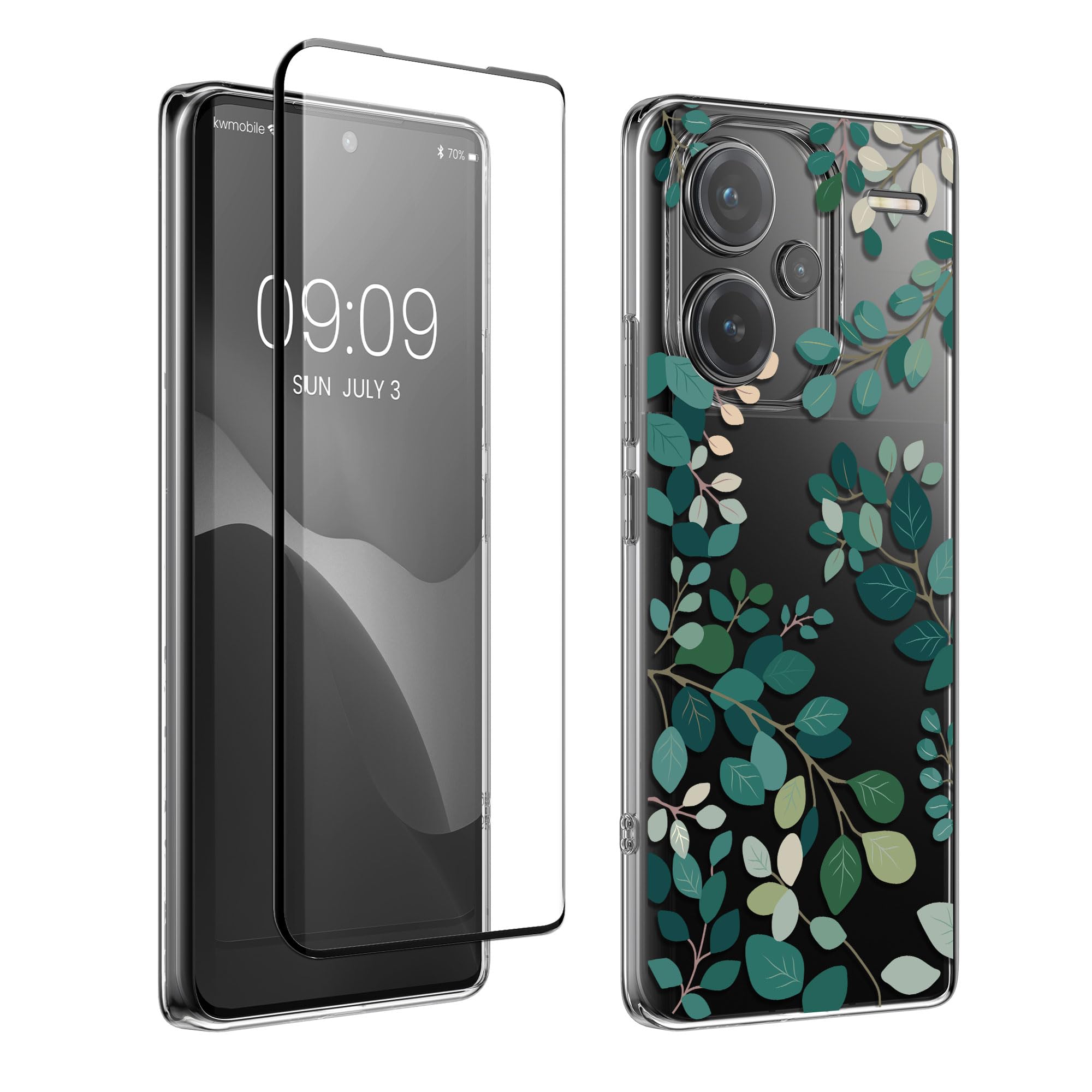 kwmobile Clear Case and Screen Protector Compatible with Xiaomi Redmi Note 13 Pro+ 5G / Redmi Note 13 Pro Plus 5G Case - Spring Leaves Green/Transparent