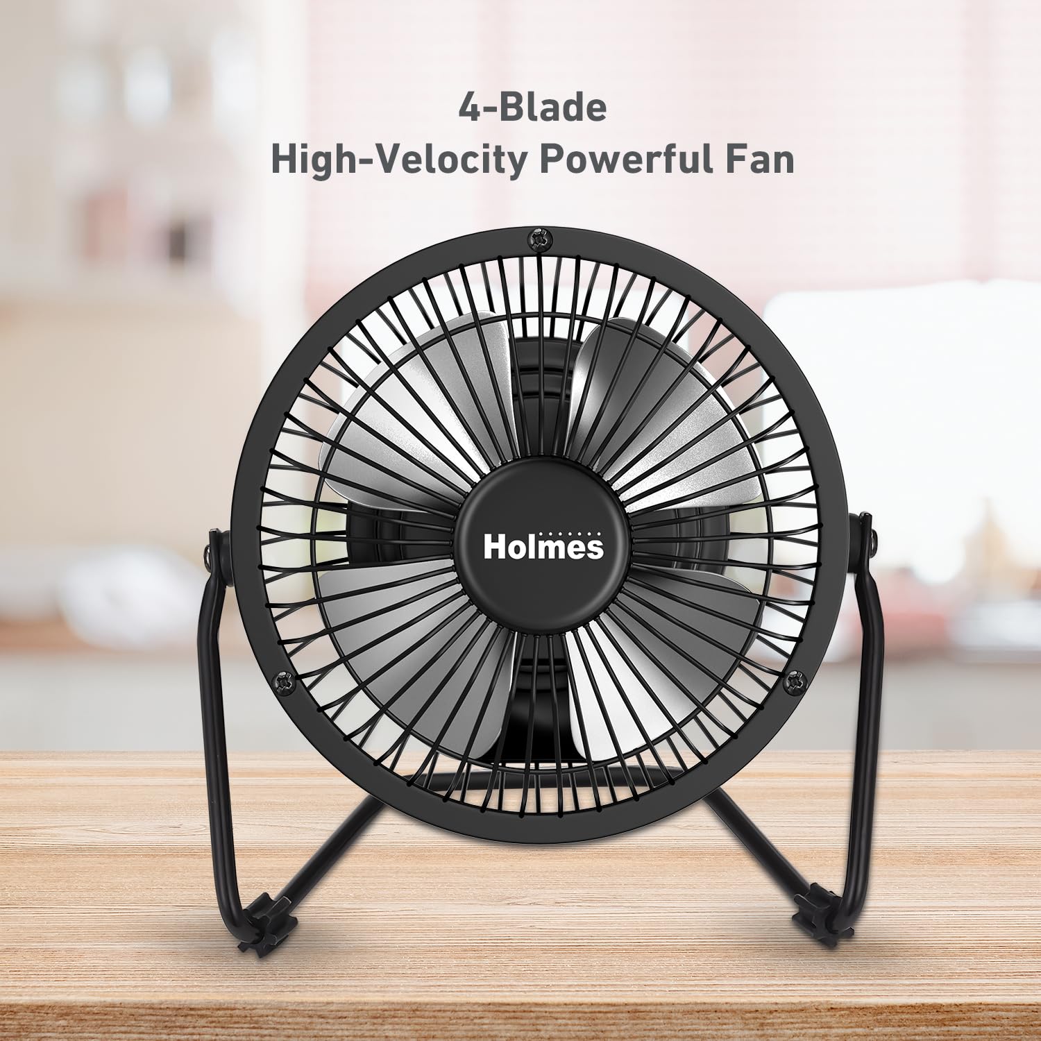 HOLMES 4" Mini High-Velocity Personal Desk Fan, 4 Blades, Adjustable 360° Head Tilt, Durable Metal Construction, Single Speed, Ideal for Home, Dorm Rooms, Bedrooms, or Offices, Black