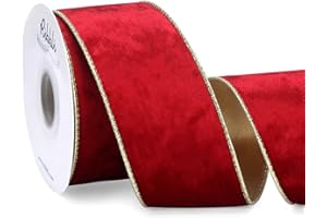 Ribbli Red Velvet Wired Ribbon 2.5 Inch Metallic Red Gold Crushed Velvet Christmas Ribbon for Gift Wrapping Christmas Tree Decoration Crafts Wreaths Supplies-Continuous 10 Yards