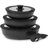 ESLITE LIFE 7Pcs Nonstick Skillet Set with Detachable Handle, Black | Cookware Set with Removable Handle &amp; Lids, Non Toxic Ceramic Frying Pan, PTFE &amp; PFOA Free, 8"+9.5"+11"