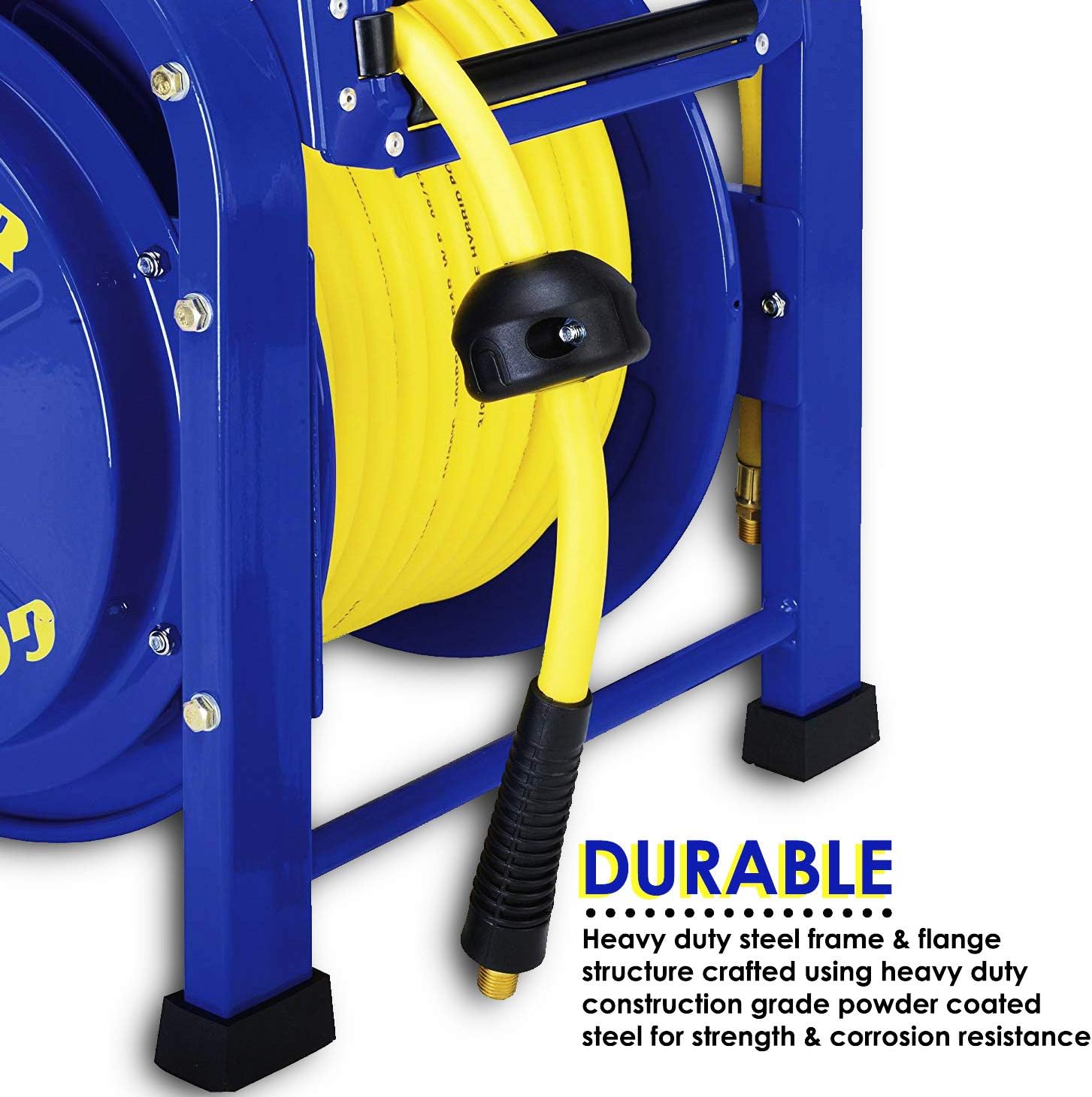 GOODYEAR Air-Hose-Reel Retractable 3/8" Inch x 100 Feet 300 Psi / 20 Bar Spring Driven Steel Elite Portable Quad Pod Heavy Duty Industrial Longest Premium Commercial Flex Hybrid Polymer - - 