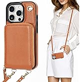 KIHUWEY Crossbody Wallet Case for iPhone 16 Pro, Zipper Pocket Case with Card Holder, PU Leather RFID Blocking Protective Cover Case with Kickstand Detachable Wrist Strap Lanyard 6.3" (Brown)