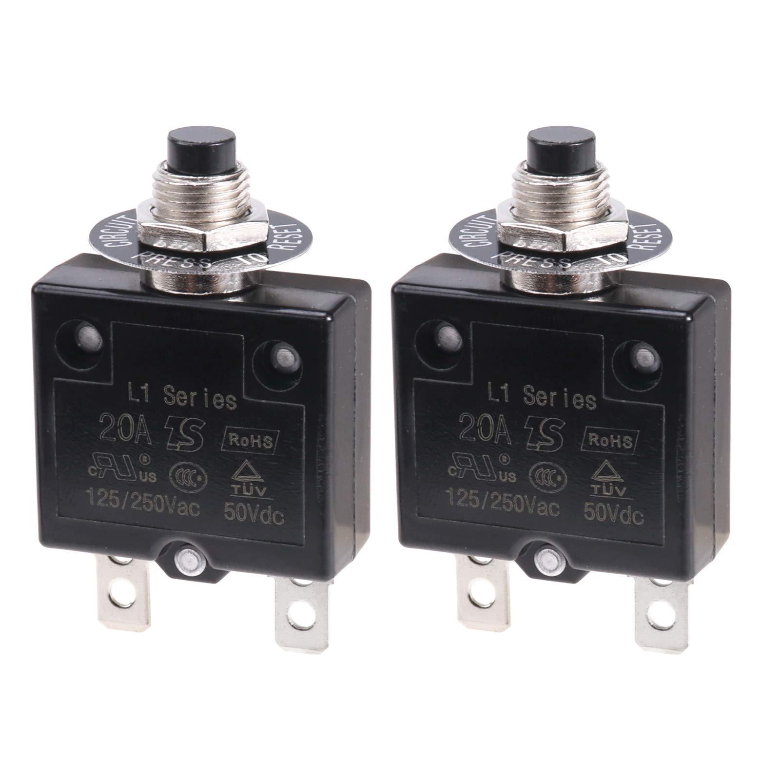 RKURCK 125-250V AC 50V DC Push Button Circuit Breaker 20 Amps Thermal Overload Protector L1 Series Manual Reset Thermal Circuit Breaker 20A 2 Pcs