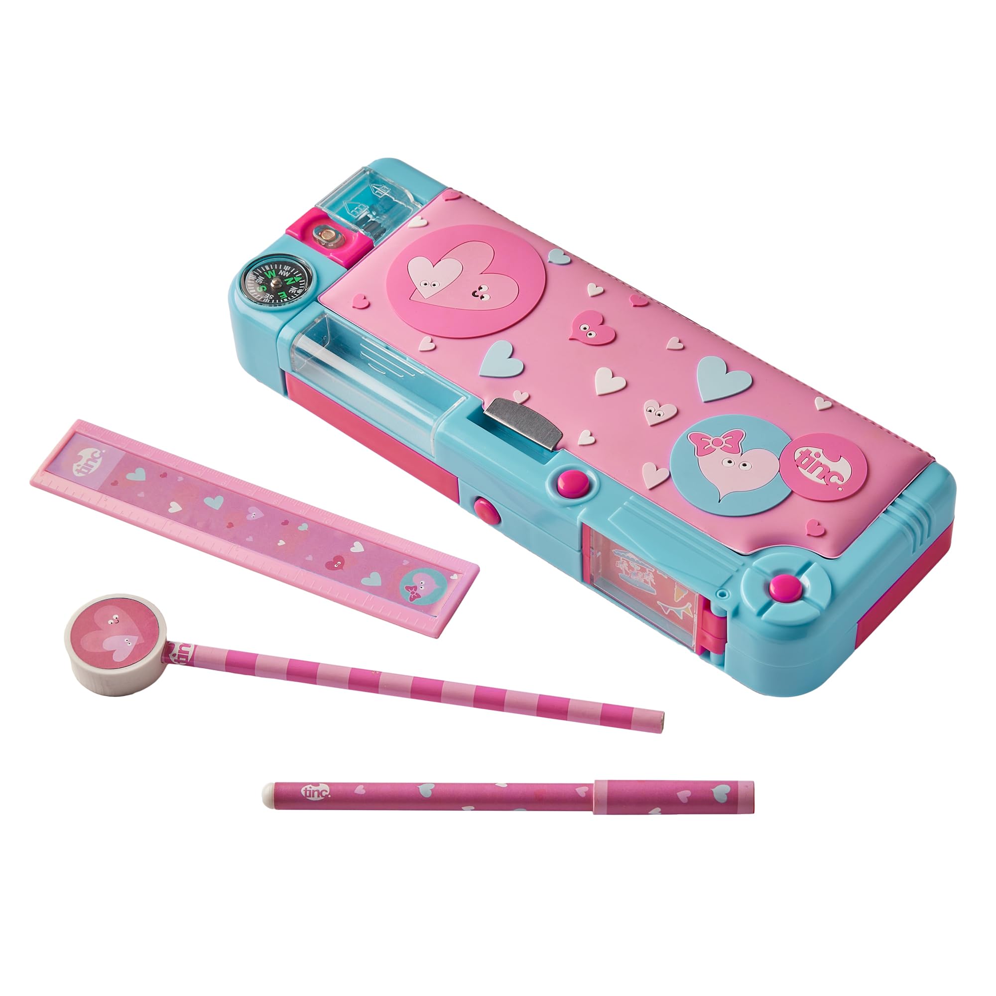 Tinc Pop-Out Compartment School Pencil Case - Hearts - Pink and Blue - Includes Pencil with Eraser Topper, Ballpoint Pen & 15cm Ruler - Secret Compartments with Push Button (SNPCHRTS)