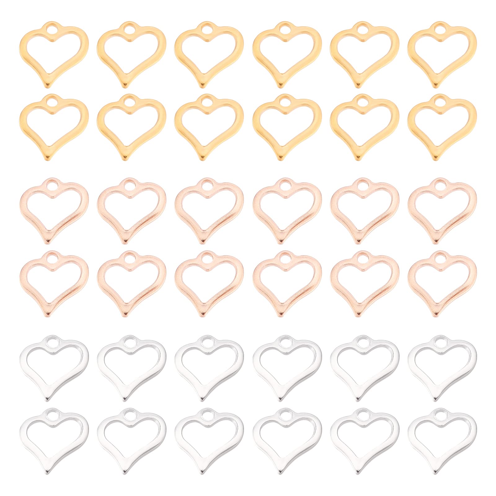 DICOSMETIC 60Pcs 3 Colors Heart Shaped Open Bezels Pendant Gold/Rose Gold/Silver Color Hollow Frame Charms for DIY Bracelet Earring Necklace Jewellry Making, Hole: 1.6mm