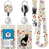 Black Cat Flower Lanyards ID Badge, Funny Cats ID Badge Holder with Retractable Reel Clip and Keychain, Vertical Heavy DutyIdentity Badge Cover Case Protector for Teacher Nurse Women Man