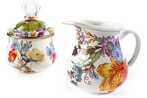 MACKENZIE-CHILDS Enamel Creamer and Sugar-Bowl Set, Cream Dispenser and Sugar Holder, Unique Kitchen Decor, White Flower Market