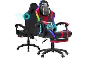 HOFFREE Led Gaming Chair with Speakers and Massage Big and Tall Video Game Chair for 400lbs with Footrest Reclining High Back Computer Chair Red Black