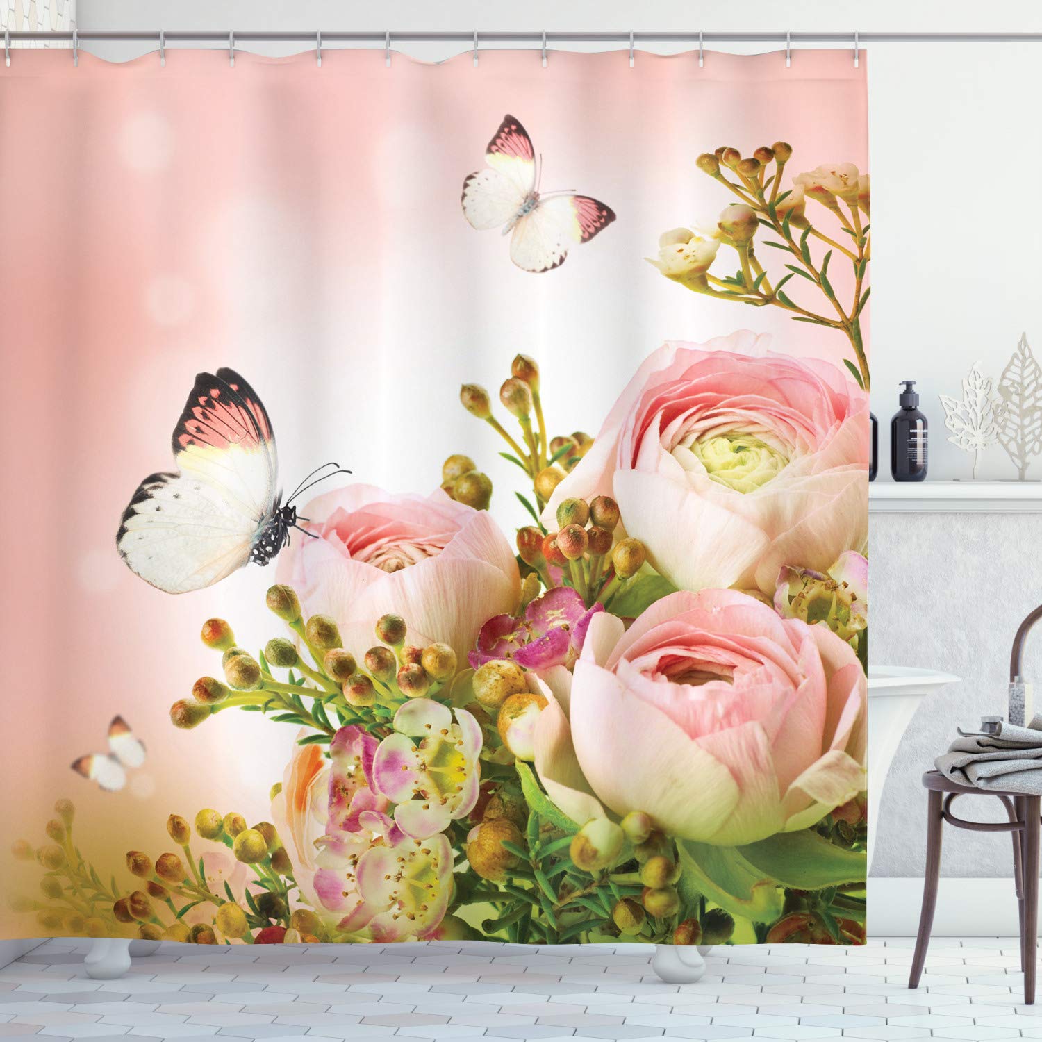 ABAKUHAUS Butterfly Shower Curtain, Pastel Colored Blossoming Roses with Spring Season Insects Romantic Feminine, Cloth Fabric Bathroom Decor Set with Hooks, 175 x 240 cm, Light Pink