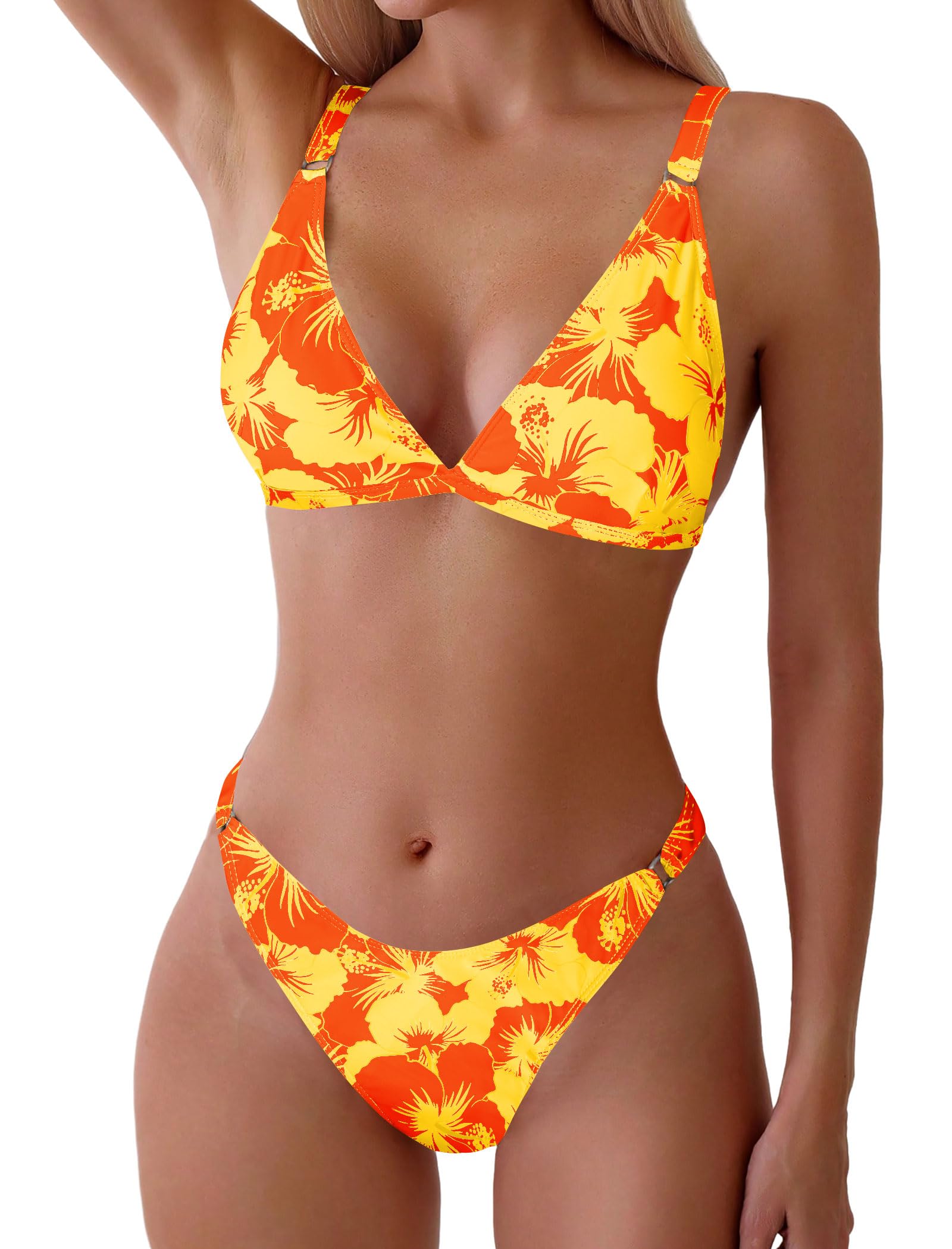 Photo 1 of (SMALL) (BAGGED) ZAFUL Women's 2 Piece Floral Print Swimsuit Triangle String High Cut Bikini Sets Bathing Suit(1-Flower Orange, S)