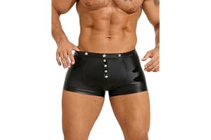ohyeahlady Mens Punk Boxer Shorts PU Faux Leather Pouch Trunks Underwear Rivet Trim Sexy Lingerie for Men Rave Shorts
