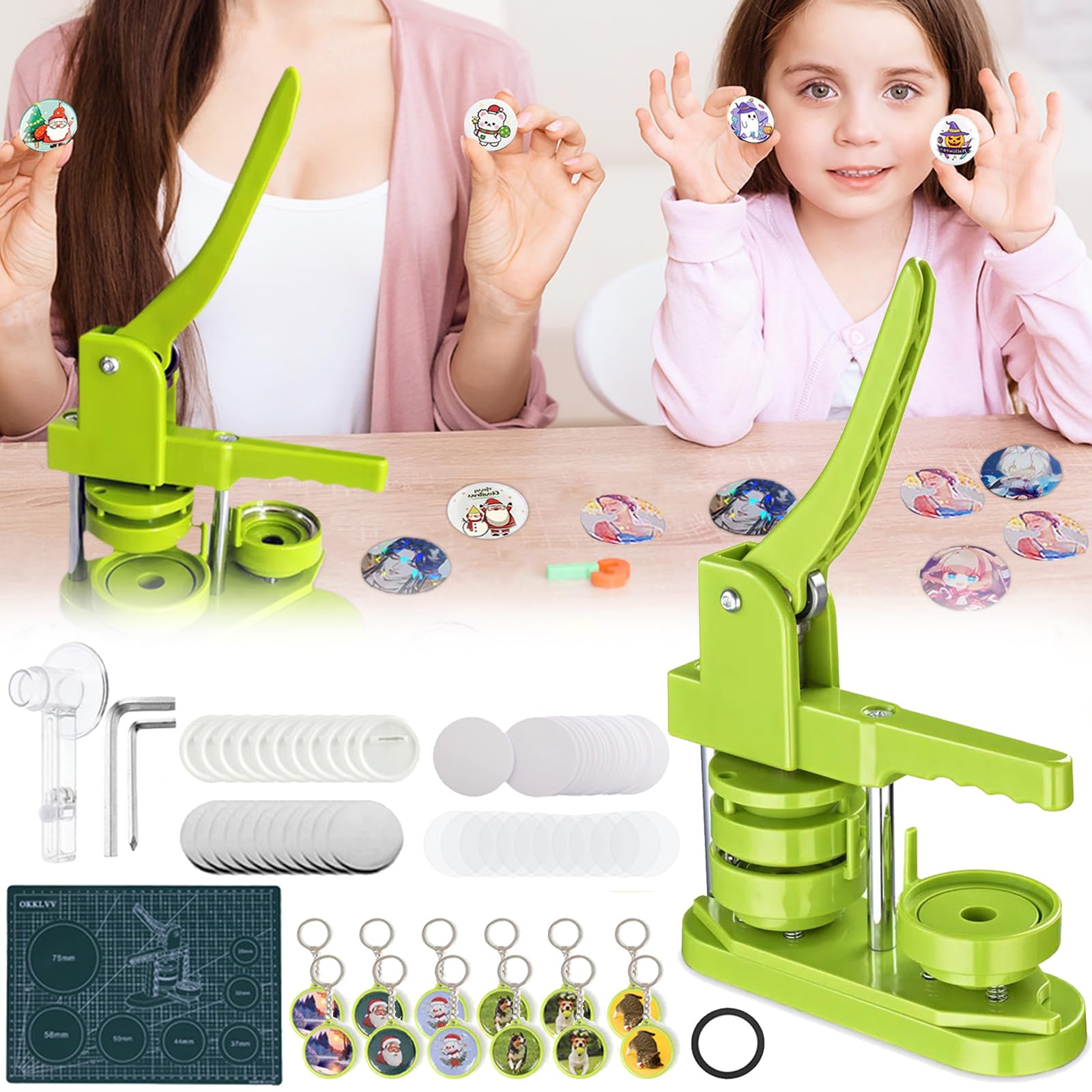 Badge Maker, Rotating Button Upgrade Badge Maker DIY Buttons Kit 37mm Badge Making Machine with 417 Pieces Key Ring Parts with Circular Cutter