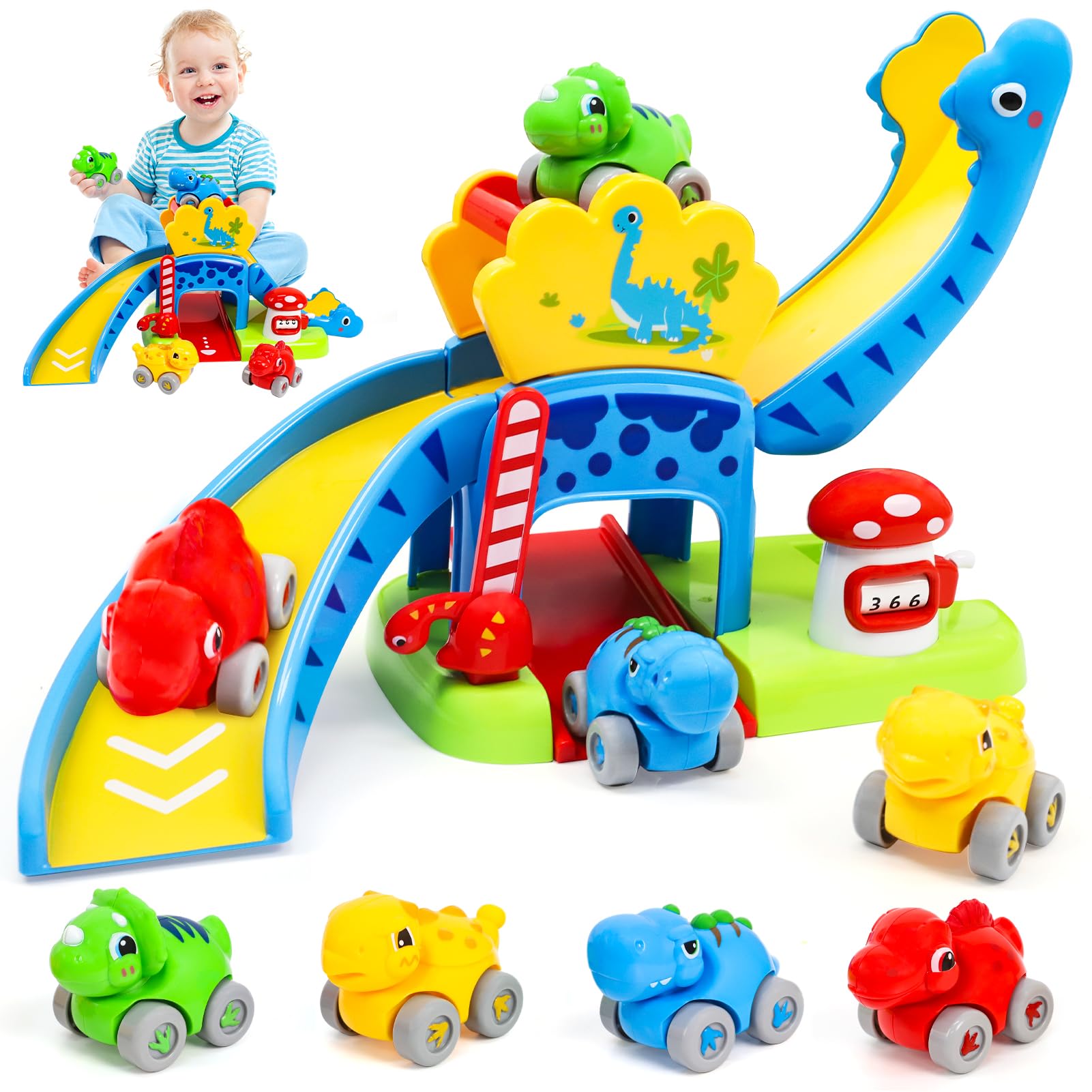 XIAPIA Dinosaur Toys for 1 2 Year Old Boys, Marble Track Slide with 4 Push Cars 1st birthday gifts for 1 Year Old Boy, Dino Car Toy Set for 12-18 Months Toddler Baby