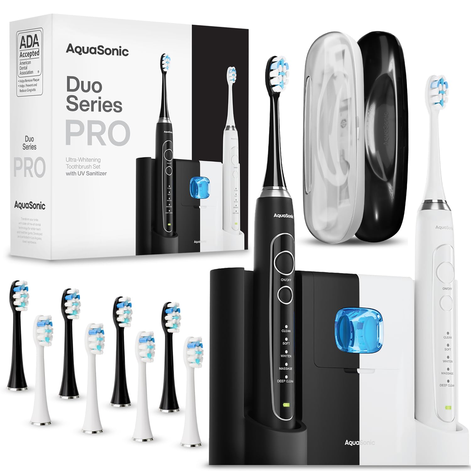 Photo 1 of Aquasonic Duo Series PRO UV - ADA Accepted Electric Toothbrushes with UV Sanitizer - Inductive Charging Base - 5 Modes with Smart Timers - 10 Proflex Brush Heads & 2 Travel Cases