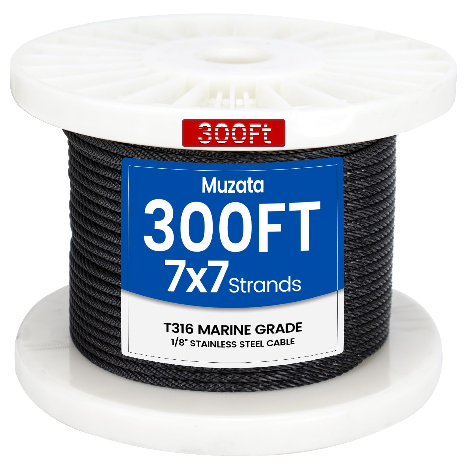 MUZATA 300ft 1/8" Black T316 Stainless Steel Cable Wire Rope for Indoor Outdoor Cable Railing Stair Deck Fencing 7x7 Strand DIY Balustrade Hanging WR19 WP1