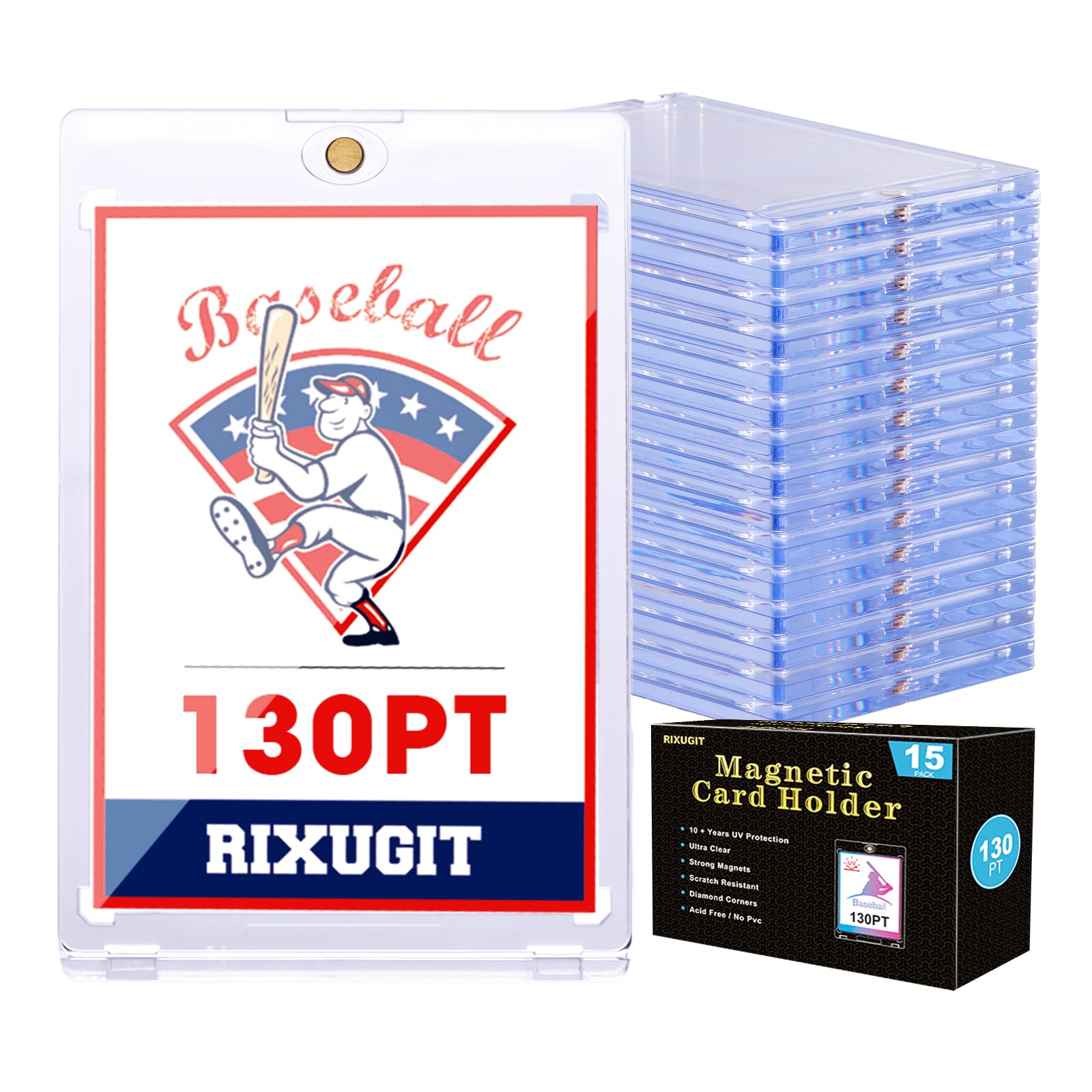 Photo 1 of 130pt Magnetic Card-Holders for Trading Cards - 15-Pack One Touch Card Case with Stronger Magnet, UV Protection? Card Protectors Hard Plastic, Card Sleeves Display Case for Baseball Card Sports Cards