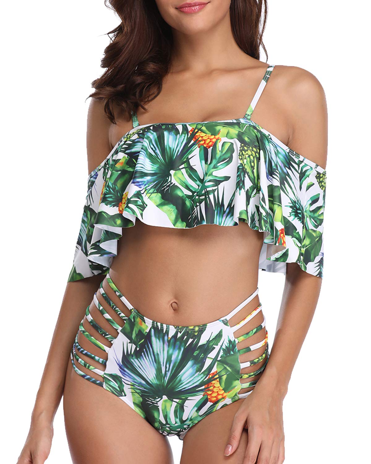 Soft Cloudy Women Off Shoulder Ruffle Two Piece Swimsuit Leaf Print Cut Out Bikini Set Swimwear Bathing Suit L