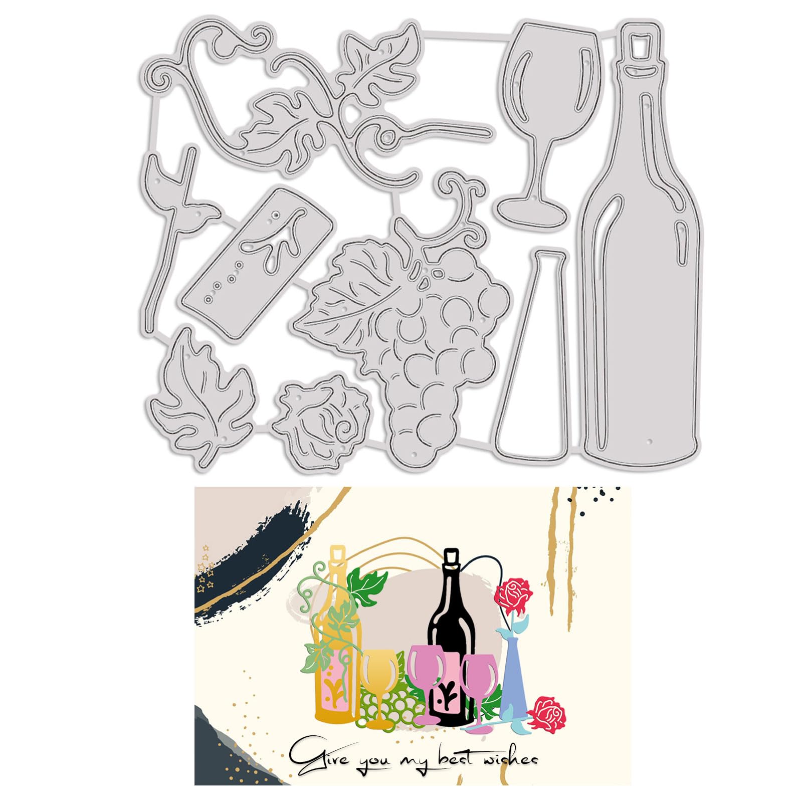 GLOBLELAND Wine Bottle Wine Glass Metal Cutting Dies Grape Rose Vase Vine Carbon Steel Die Cuts Stencil Template for Scrapbook Embossing Album Paper Card Making