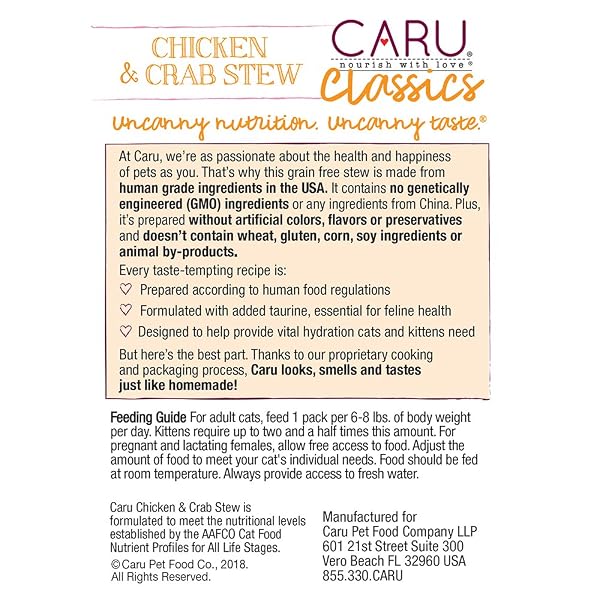 CARU – CHICKEN & CRAB STEW FOR CATS, NATURAL CAT FOOD WITH ADDED VITAMINS, NON-GMO INGREDIENTS, COMPLETE AND BALANCED FOR ALL STAGES OF LIFE (6 OZ)