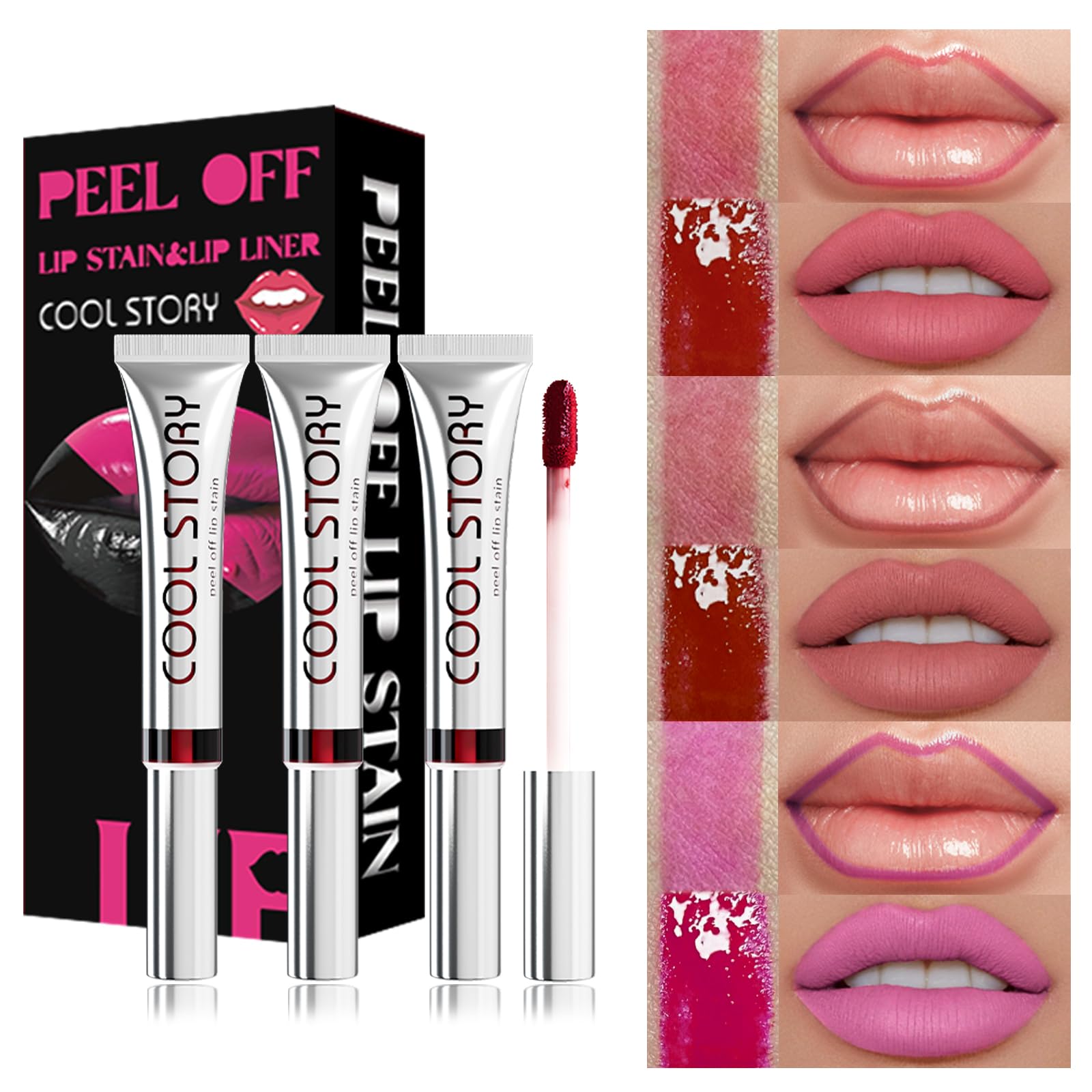 3PCS Peel Off Lip Stain Lip Tint Set, Matte Lipstick & Lip Liner, Waterproof Long Lasting Peel Off Lip Gloss, Lip Liner Lip Makeup Kit (Colour, Set B)