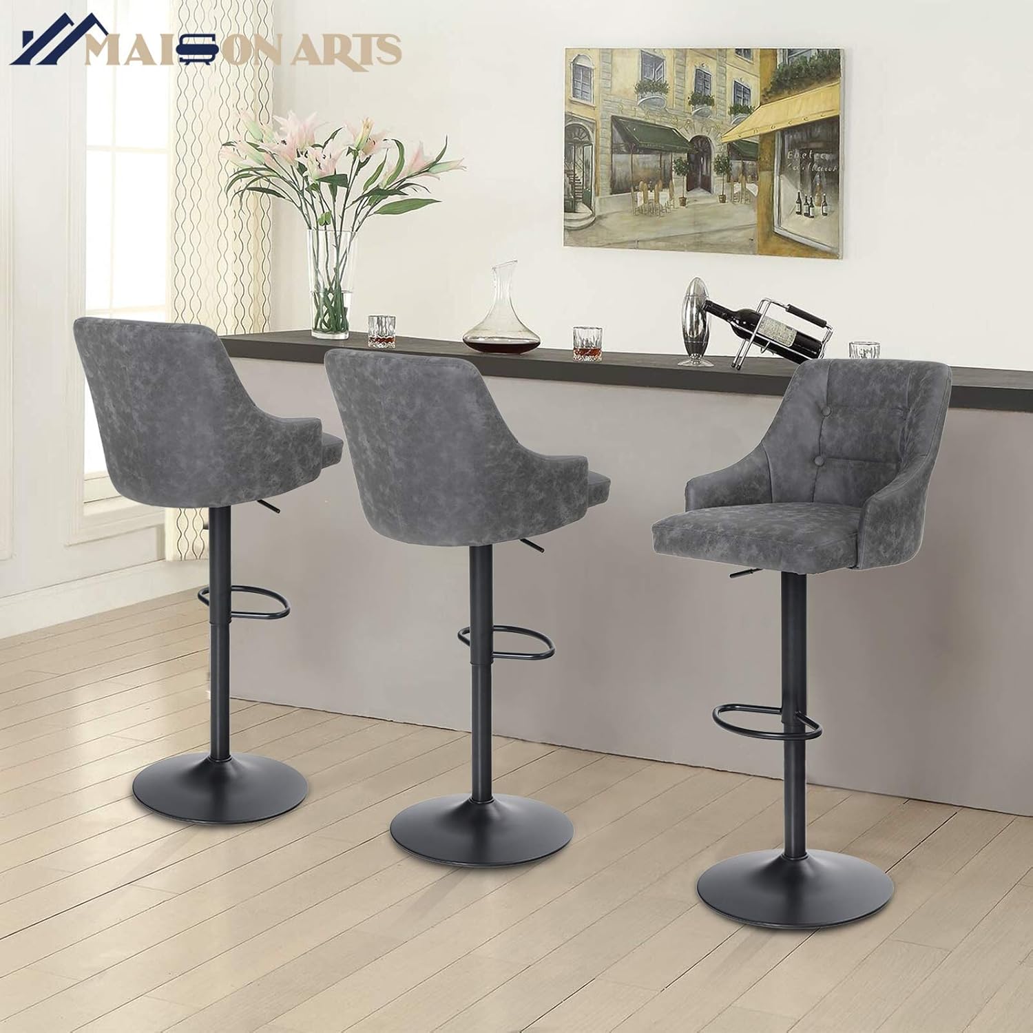 MAISON ARTS Swivel Adjustable Bar Stool with Back for Kitchen Counter Padded Counter Height Faux Leather Bar Chair with Heavy Duty Base for Pub Cafe Dining, 300LBS Weight Capacity, Grey, 1 Stool: Kitchen & Dining