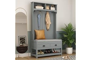 Homsee Modern Hall Tree with Storage Bench, 4-in-1 Entryway Bench with Coat Rack, Tall Hall Tree with 4 Metal Double Hooks, Shelves & 2 Drawers for Hallway, Living Room, Grey
