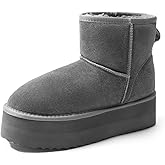 DREAM PAIRS Genuine Suede Classic Platform Boots for Women Water Resistant FuzzyClassic Ankle Winter Snow Low Boots with DIY Bows Faux Fur Lining Memory Foam Anti-Slip