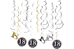 18th Birthday Hanging Swirls Decorations, Black and Gold Birthday Decorations Kit 18 Party Streamers Bunting Banner Backdrop