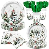 140Pcs Christmas Party Decorations Forest Snow Pine Trees Plates and Napkins Winter Birthday Party Supplies Tableware Set Green Christmas Tree Paper Plates, Serve for 20 Guest