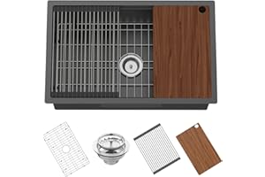 FAUENPEEY Black Kitchen Sink Workstation,30"x19" Stainless Steel Undermount Single Bowl Kitchen Sink Built-in Ledge Drop In Workstation Sink For Placing/Sliding Accessories-Cutting Board,Drying Rack