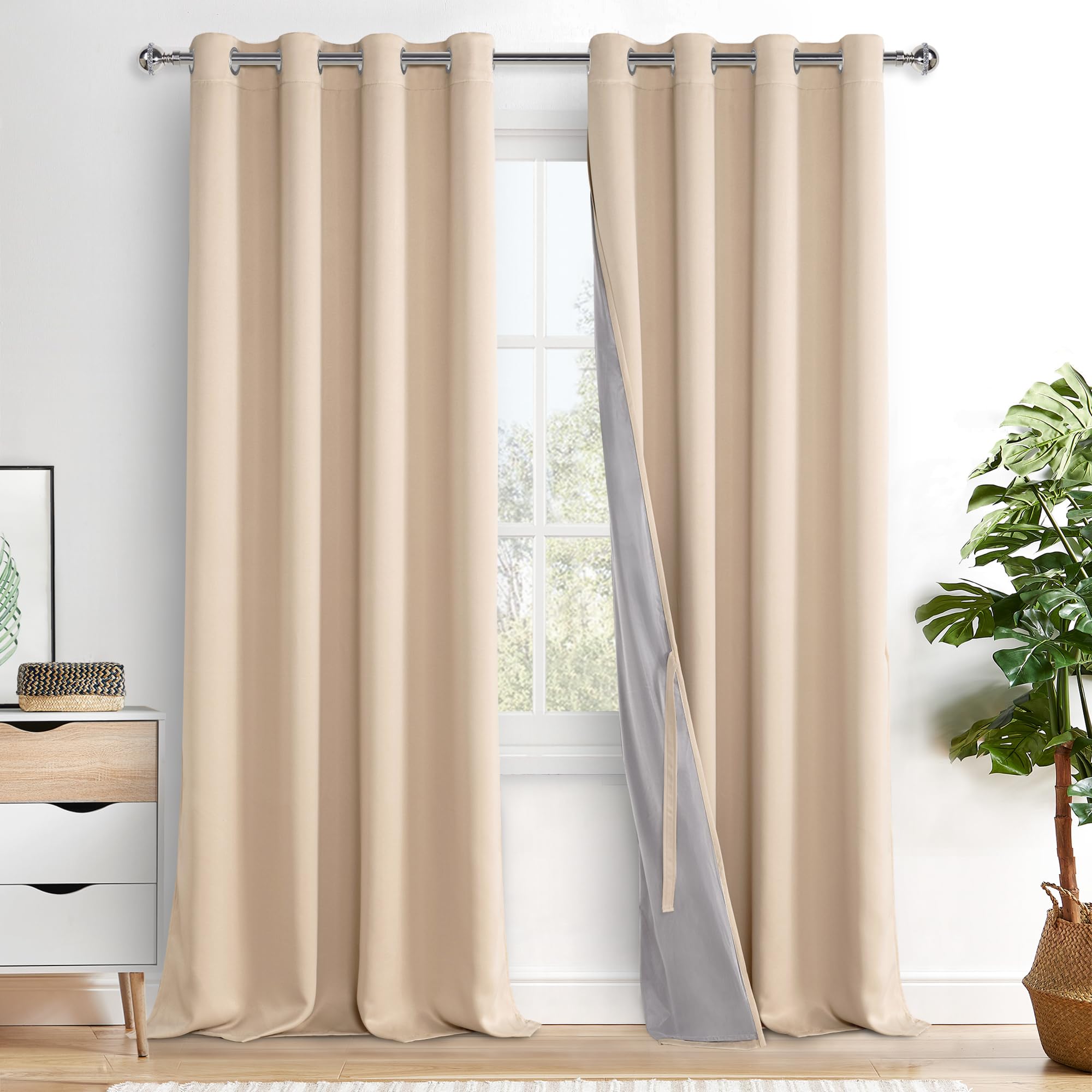 XWZO 100% Blackout Curtain Panels - Double Layer Full Room Darkening and Energy Efficiency Ring Top Window Panels with Tiebacks for Living Room, Biscotti Beige, W52 x L95, Set of 2 Drape Image