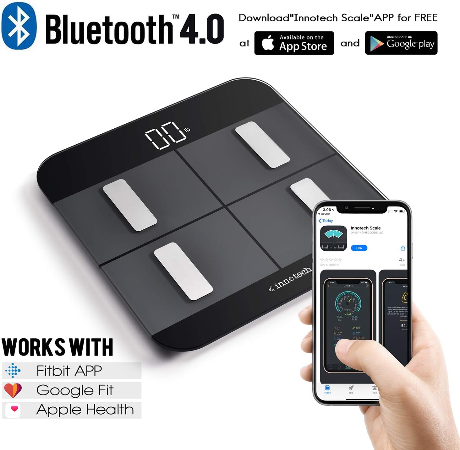 Innotech Body Fat Scale Smart Bluetooth Digital Bathroom Scales for Weight and Body Composition BMI Analyzer with Free APP, Works with Fitbit, Apple Health & Google Fit: Health & Personal Care