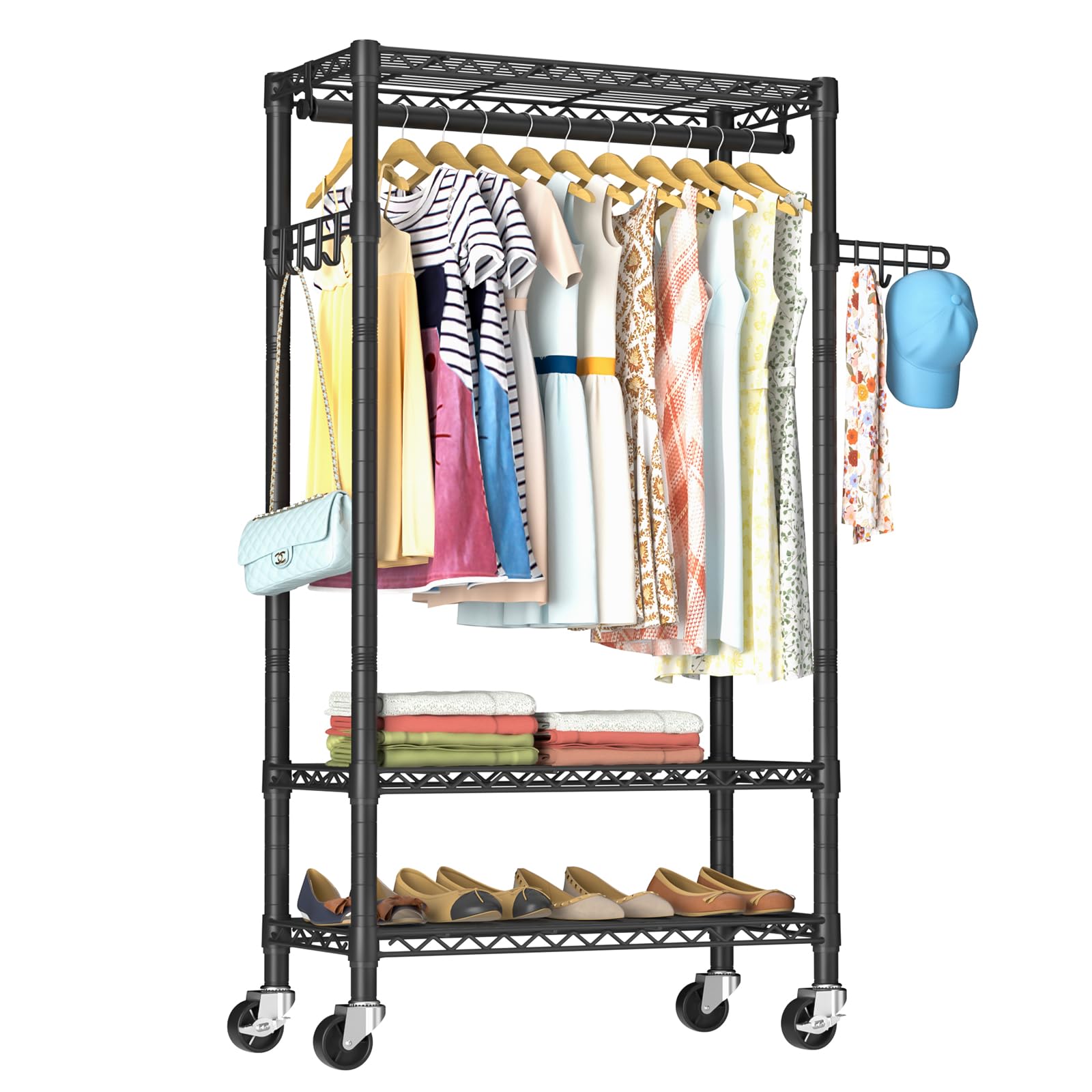 Heavy Duty Clothes Rack Rolling Garment Rack,3 Tier Adjustable Wire ...