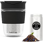 SoleCup. Travel Mug Loose Tea Infuser - Detachable Tea Strainer with Spillproof Lid - BPA-Free Reusable Glass Travel Coffee Cup with Silicone Band (Black, 12oz)
