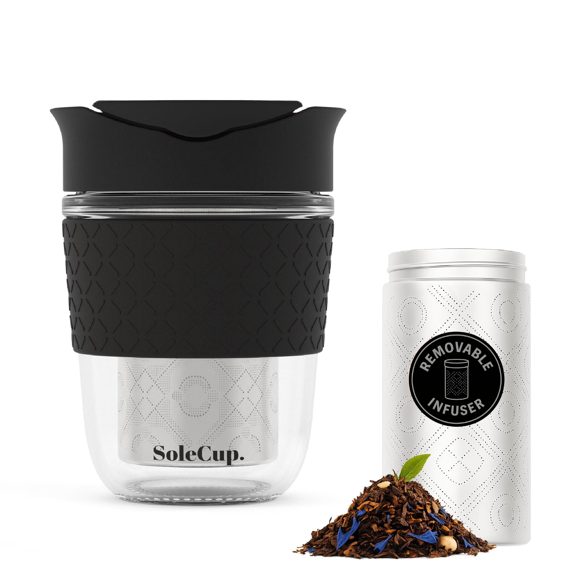 SoleCup. Travel Mug Loose Tea Infuser - Detachable Tea Strainer with Spillproof Lid - BPA-Free Reusable Glass Travel Coffee Cup with Silicone Band (Black, 340ml / 12oz)