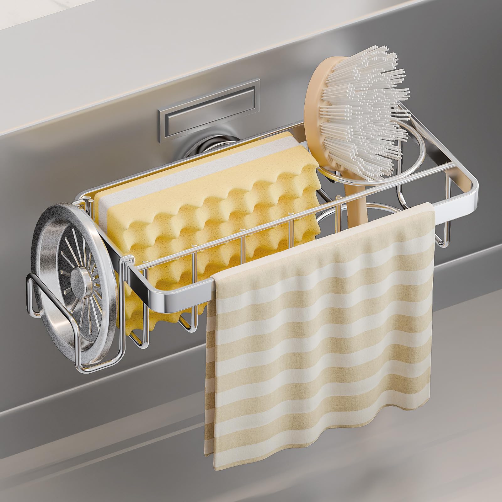 Photo 1 of TAILI Sponge Holder with Strong Suction Cup, 4-in-1 Rustproof Sink Organizer - Sink Caddy Holds Sponges, Brushes, Stoppers & Scrapers -Silver