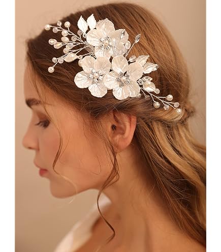 Amazon.com : BERYUAN White Flower Gold Leaf Hair Clip Floral  display picture 1