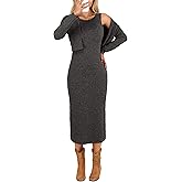 GRECERELLE Women's Fall 2 Piece Sets Long Sleeve Cropped Cardigan Split Crewneck Midi Dress (S-2XL)