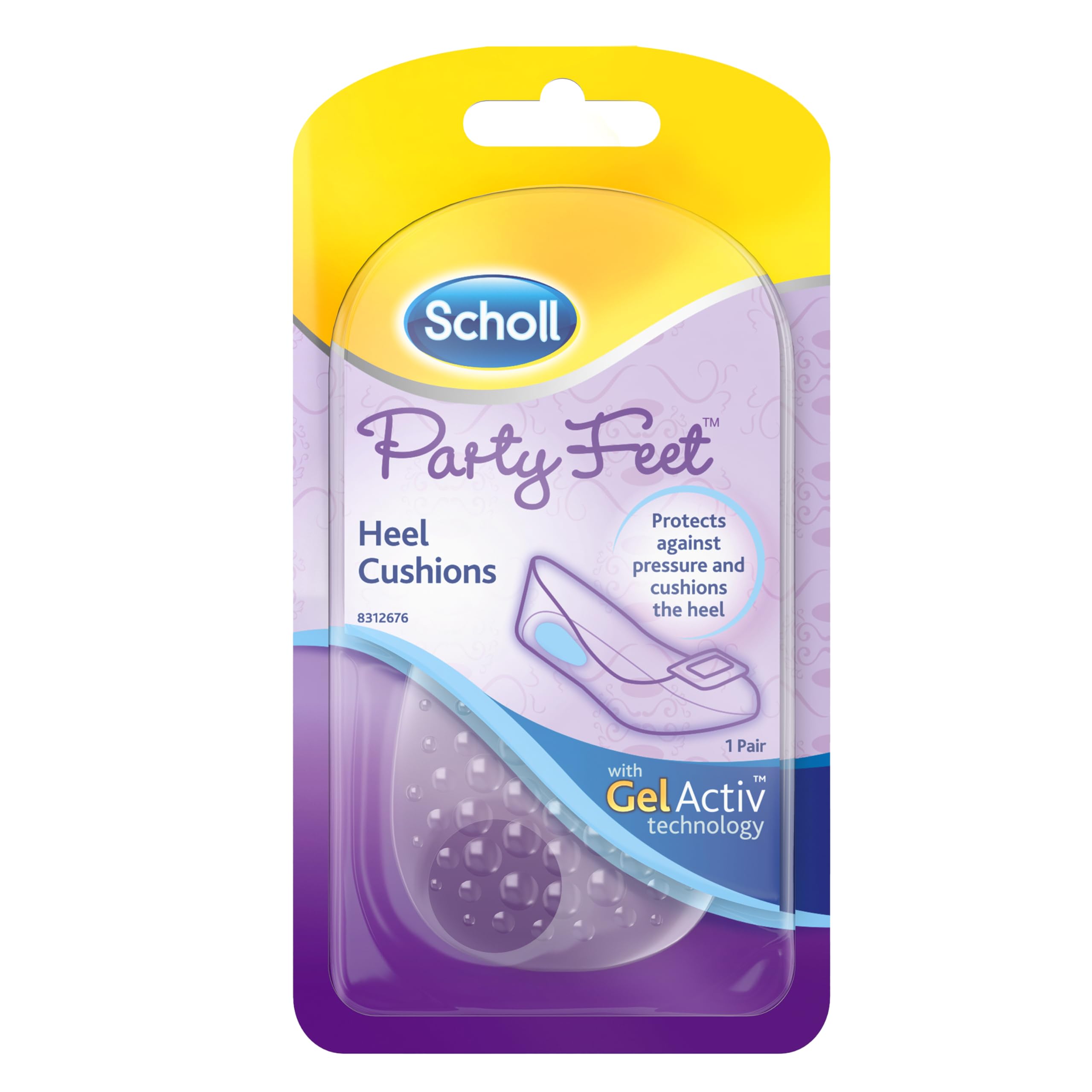 Scholl Party Feet Gel Heel Cushions with GelActiv Technology for Pressure Protection and Heel Comfort - Suitable for Most Shoes, Including High Heels and Stilettos - Universal Size, 1 Pair of Cushions