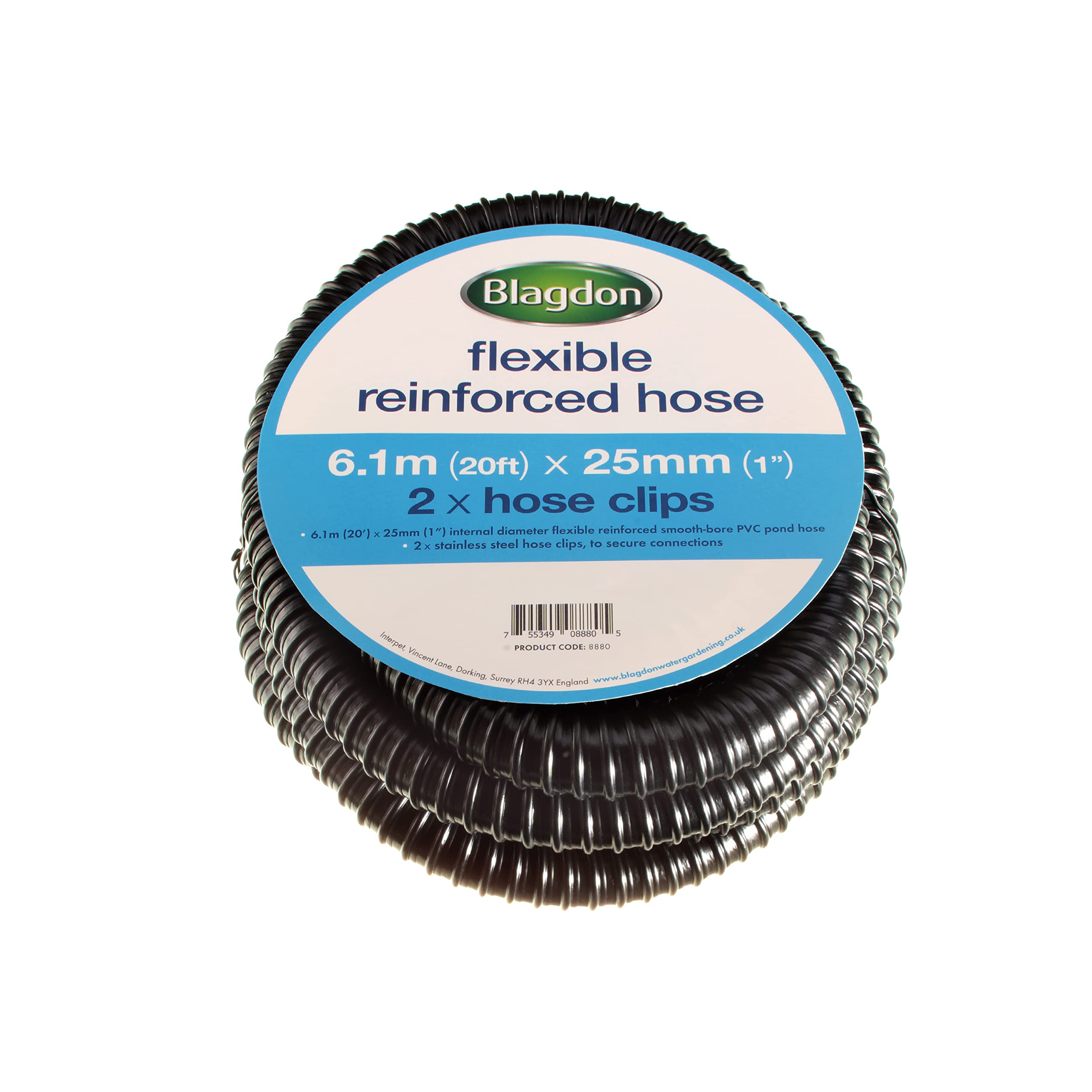 Blagdon Flexible Reinforced Pond Tubing, 6.1m (20ft) x 25mm (1”) Internal Diameter, Smooth-bore PVC Pond Tubing, Includes 2 Stainless Steel Hose Clamps, Corrugated, Tough and Strong Tubing