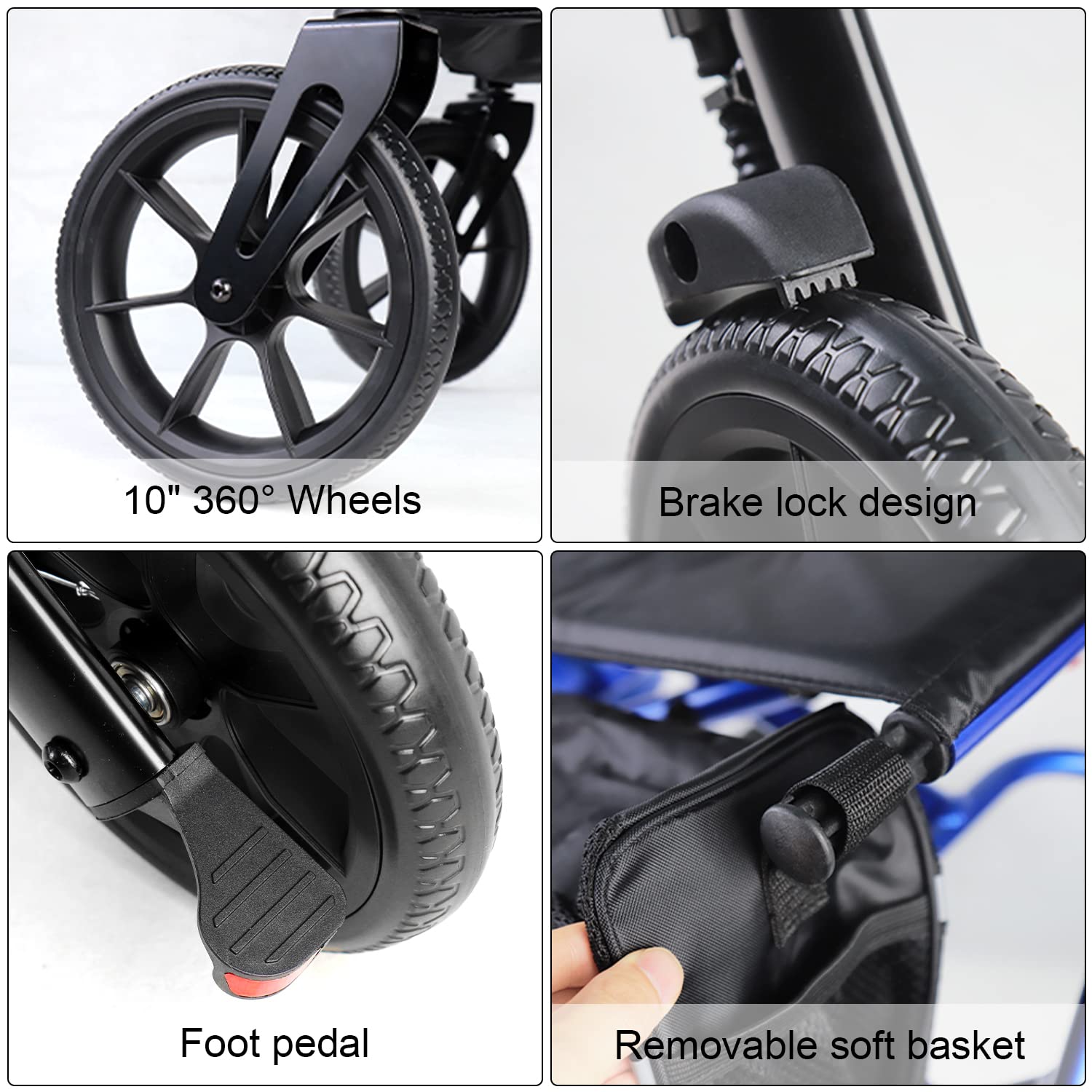 Rollator Walker for Seniors Taller 5.3~7ft with Height-Adjustable Seat, 10 Inch Wheels Wire-Hidden Walkers Compact Folding Design Lightweight Mobility Walking Aid Widen Backrest, Blue