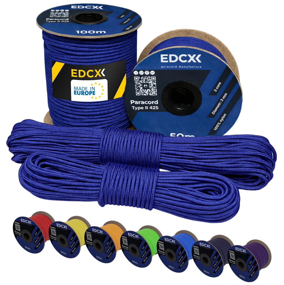 EdcX 3 mm Nylon Paracord 425 (15, 30, 50 and 100m) – 3 mm Type II, 100% Nylon Rope, 3 Strand Rope, 3 mm Nylon Rope in Many Colors (Royal Blue, 30 m)